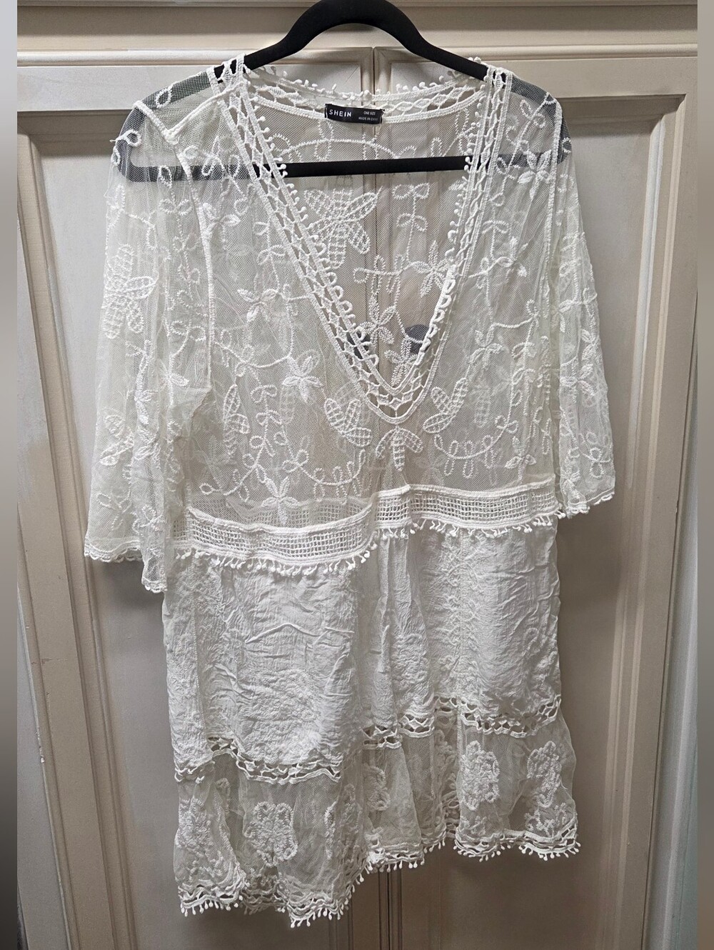 SHEIN White Sheer Embroidered V-Neck Tunicm Cover Up